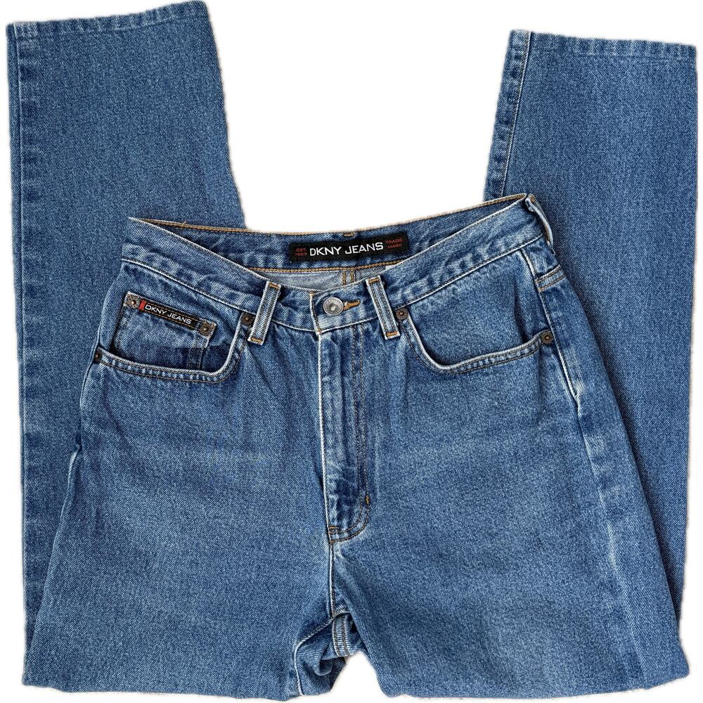 Vtg DKNY Straight Leg High Rise Denim Jeans Blue Cotton Women Size 8 HEMMED